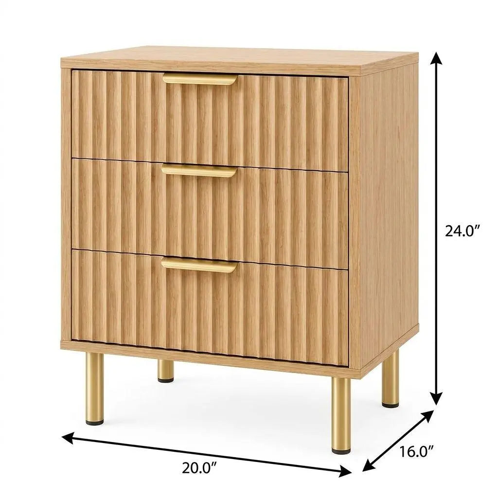 24" Oak Wood Ribbed Texture Three Drawer Nightstand Homeroots Bed & Bath