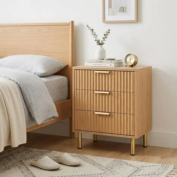 24" Oak Wood Ribbed Texture Three Drawer Nightstand Homeroots Bed & Bath
