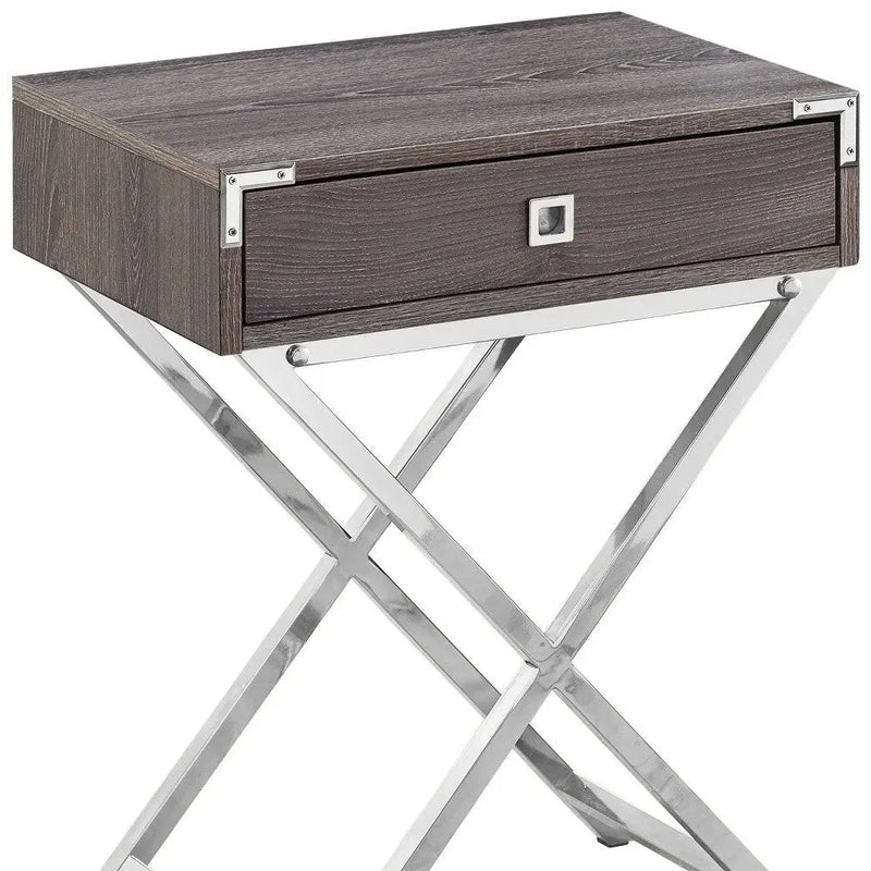 24" Silver And Deep Taupe Wood And Metal End Table With Drawer - GreatEagleInc