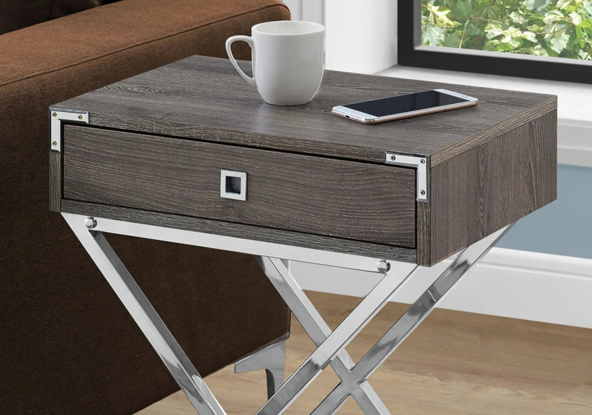 24" Silver And Deep Taupe Wood And Metal End Table With Drawer - GreatEagleInc