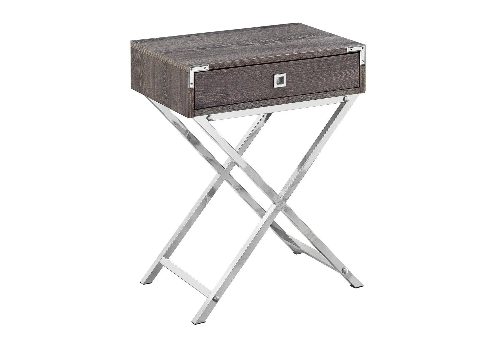 24" Silver And Deep Taupe Wood And Metal End Table With Drawer - GreatEagleInc