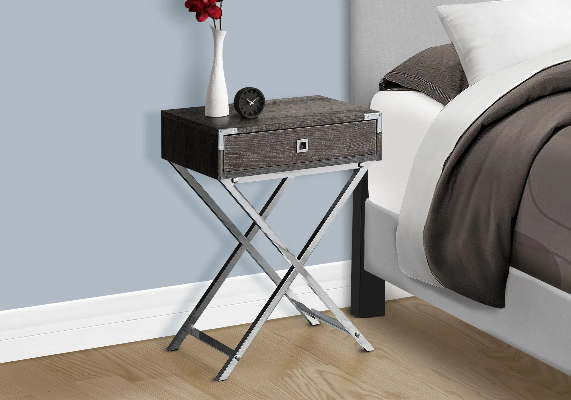 24" Silver And Deep Taupe Wood And Metal End Table With Drawer Homeroots Living Room