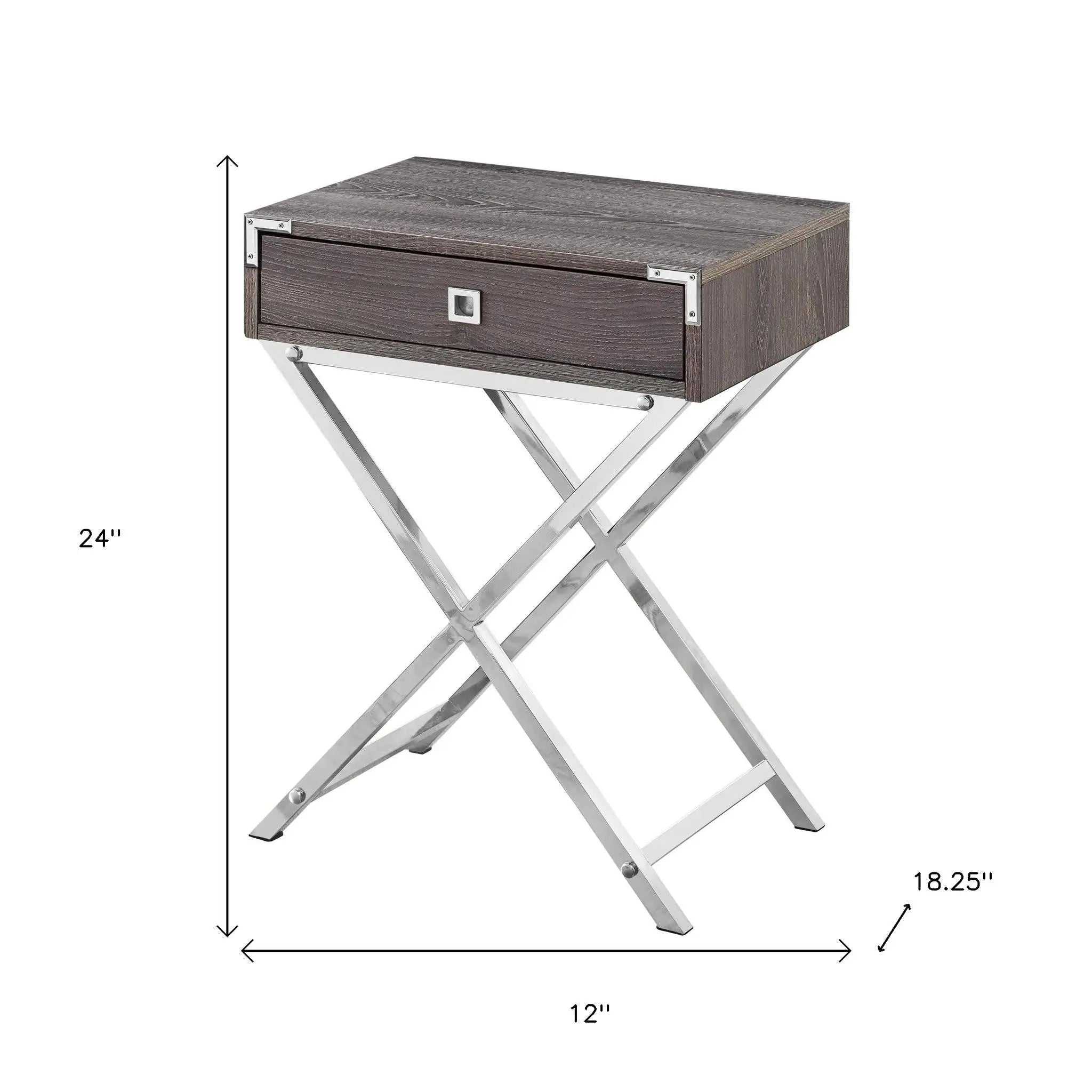 24" Silver And Deep Taupe Wood And Metal End Table With Drawer Homeroots Living Room