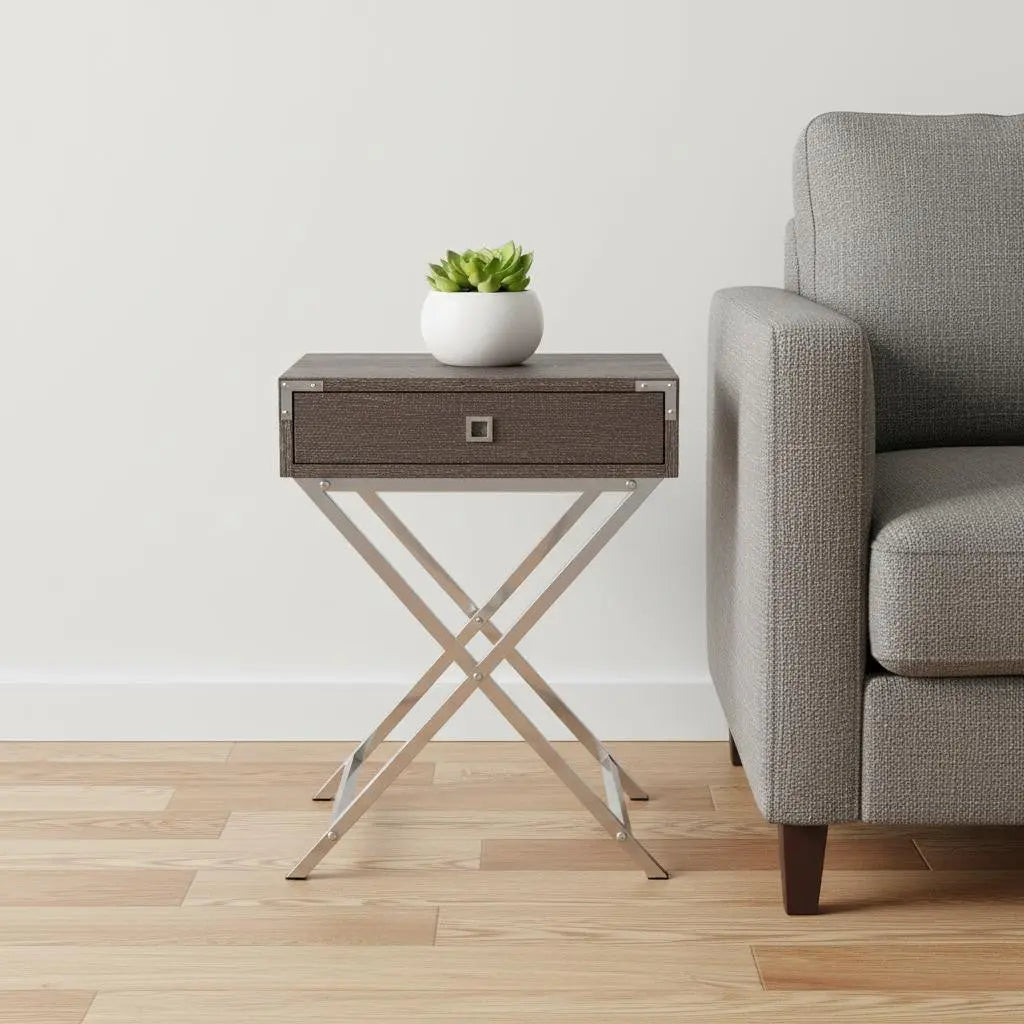 24" Silver And Deep Taupe Wood And Metal End Table With Drawer Homeroots Living Room