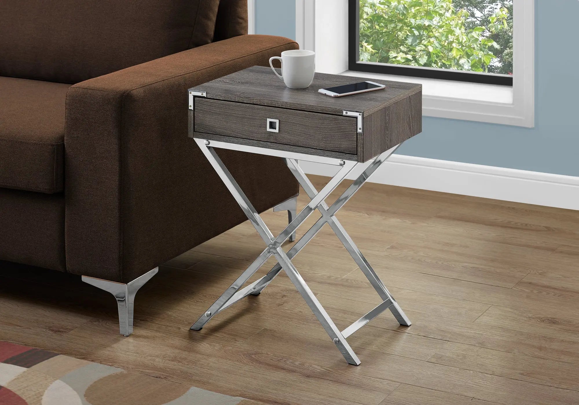 24" Silver And Deep Taupe Wood And Metal End Table With Drawer Homeroots Living Room