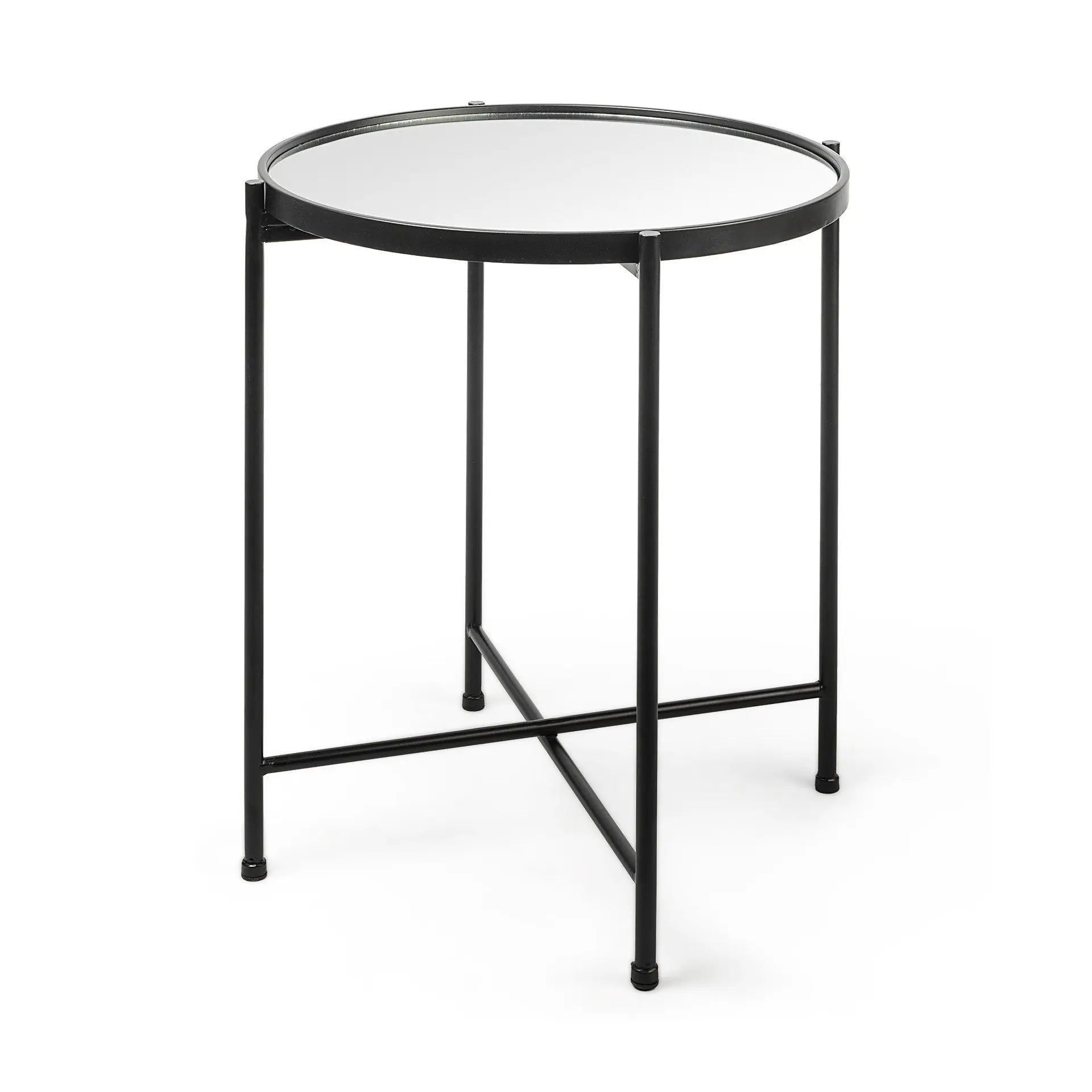 24" Silver and Black Mirrored Glass and Iron Round End Table Homeroots Living Room
