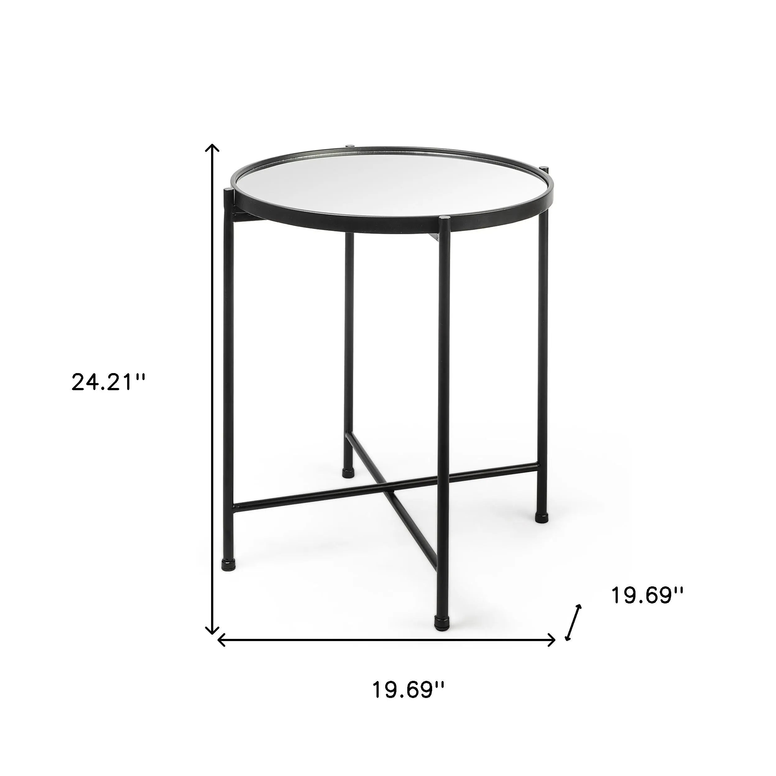 24" Silver and Black Mirrored Glass and Iron Round End Table Homeroots Living Room
