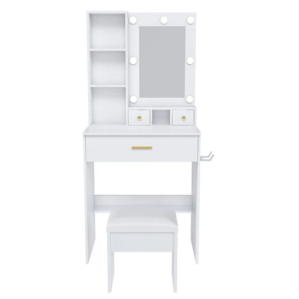 24" White Wood Mirrored Three Drawer Vanity Table And Lights Homeroots Living Room