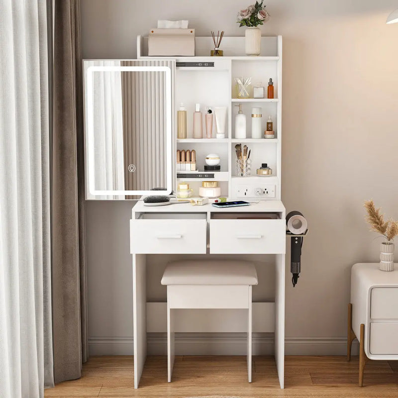 24" White Wood Mirrored Two Drawer Vanity Table And Lights Homeroots Living Room