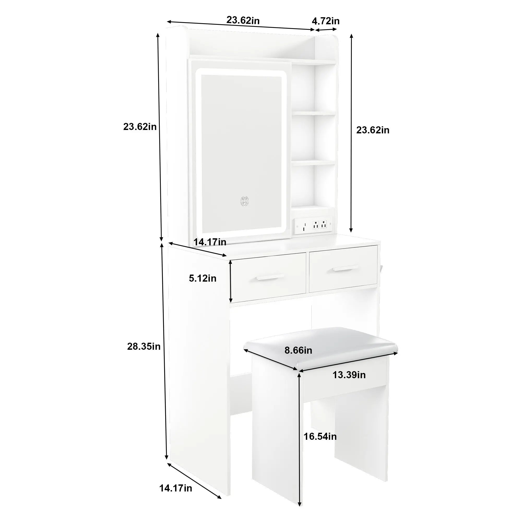 24" White Wood Mirrored Two Drawer Vanity Table And Lights Homeroots Living Room