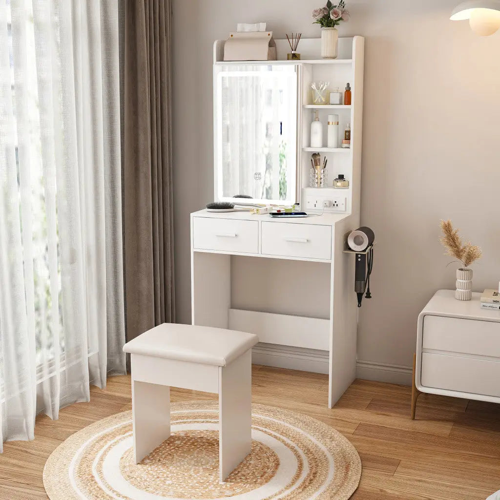 24" White Wood Mirrored Two Drawer Vanity Table And Lights Homeroots Living Room