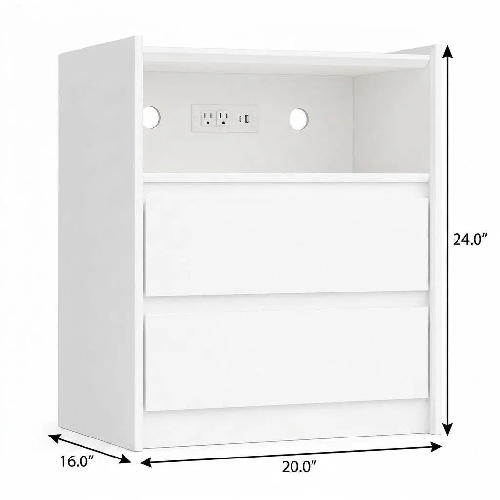 24" White Wood Two Drawer Nightstand with USB Port and Integrated Tech Homeroots Bed & Bath