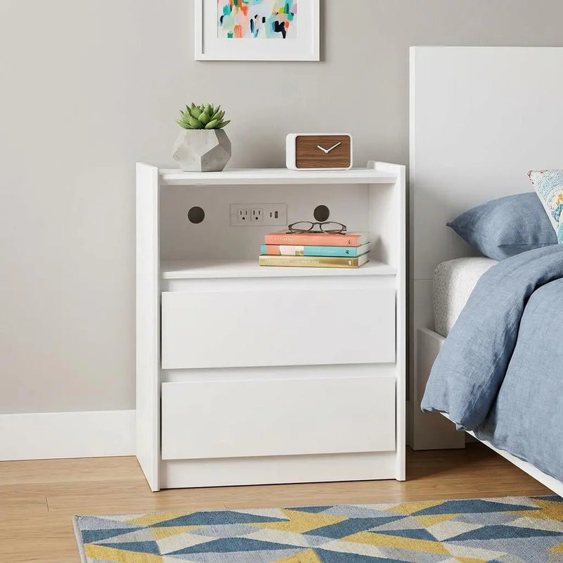 24" White Wood Two Drawer Nightstand with USB Port and Integrated Tech Homeroots Bed & Bath