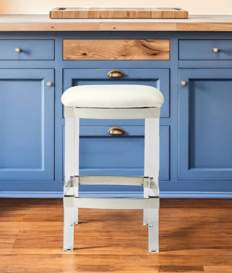 24" White and Clear Stainless Steel and Acrylic Backless Counter Height Bar Chair Homeroots Living Room