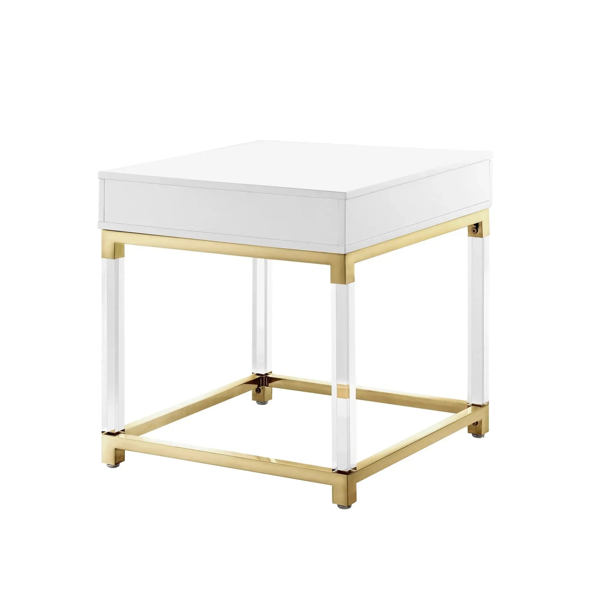 24" White and Gold Wood Acrylic and Stainless Steel Square End Table With Drawer Homeroots Living Room