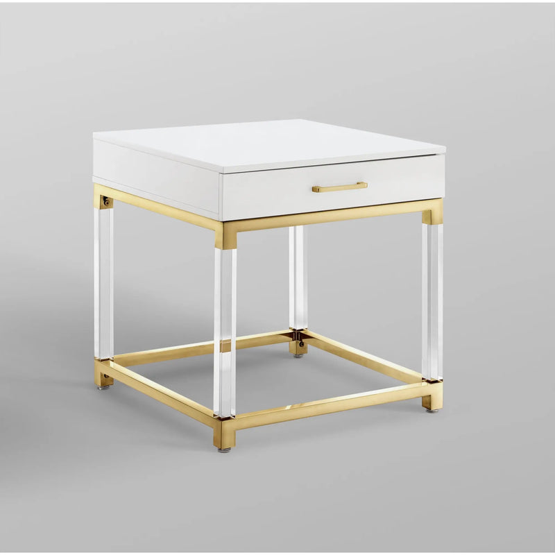 24" White and Gold Wood Acrylic and Stainless Steel Square End Table With Drawer Homeroots Living Room