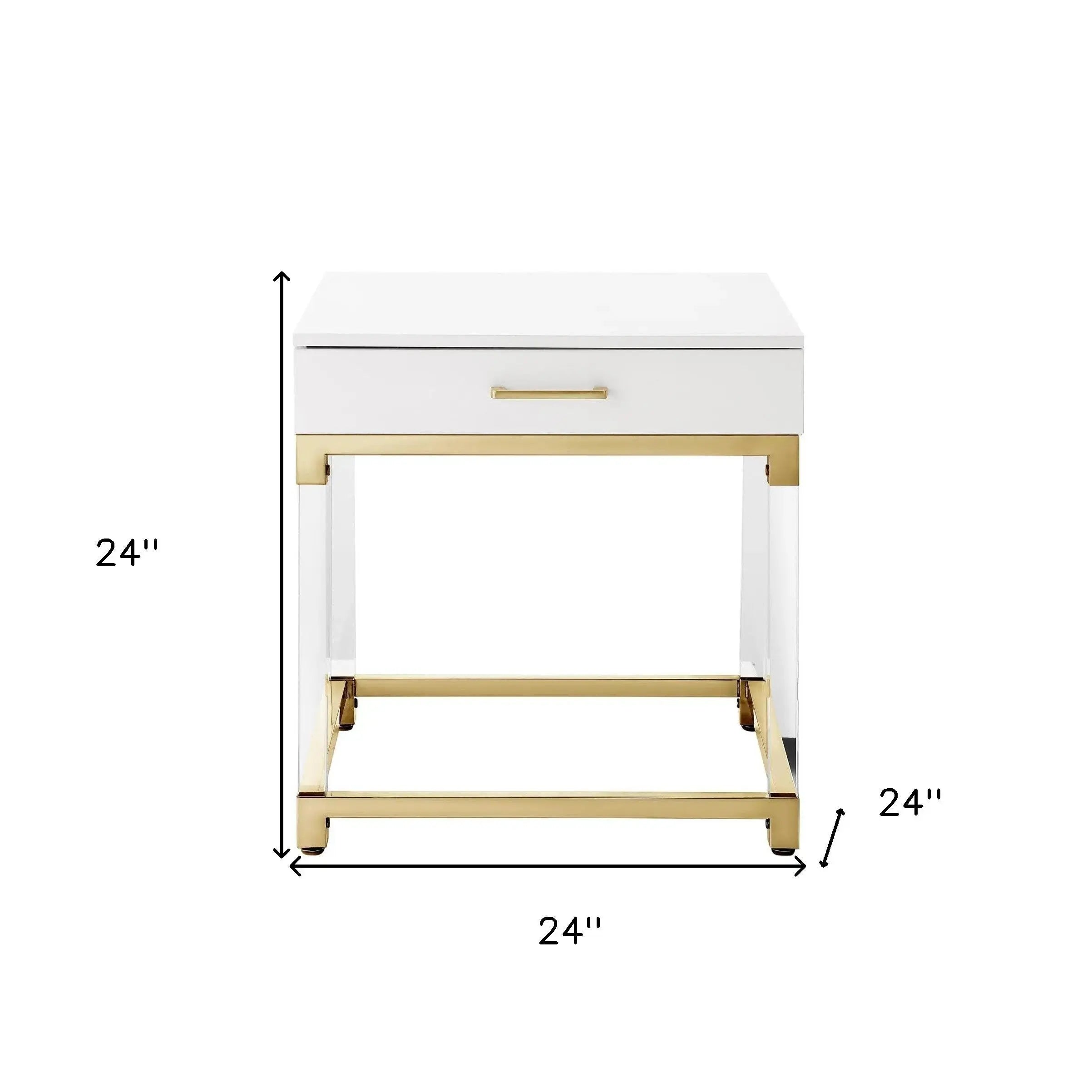 24" White and Gold Wood Acrylic and Stainless Steel Square End Table With Drawer Homeroots Living Room