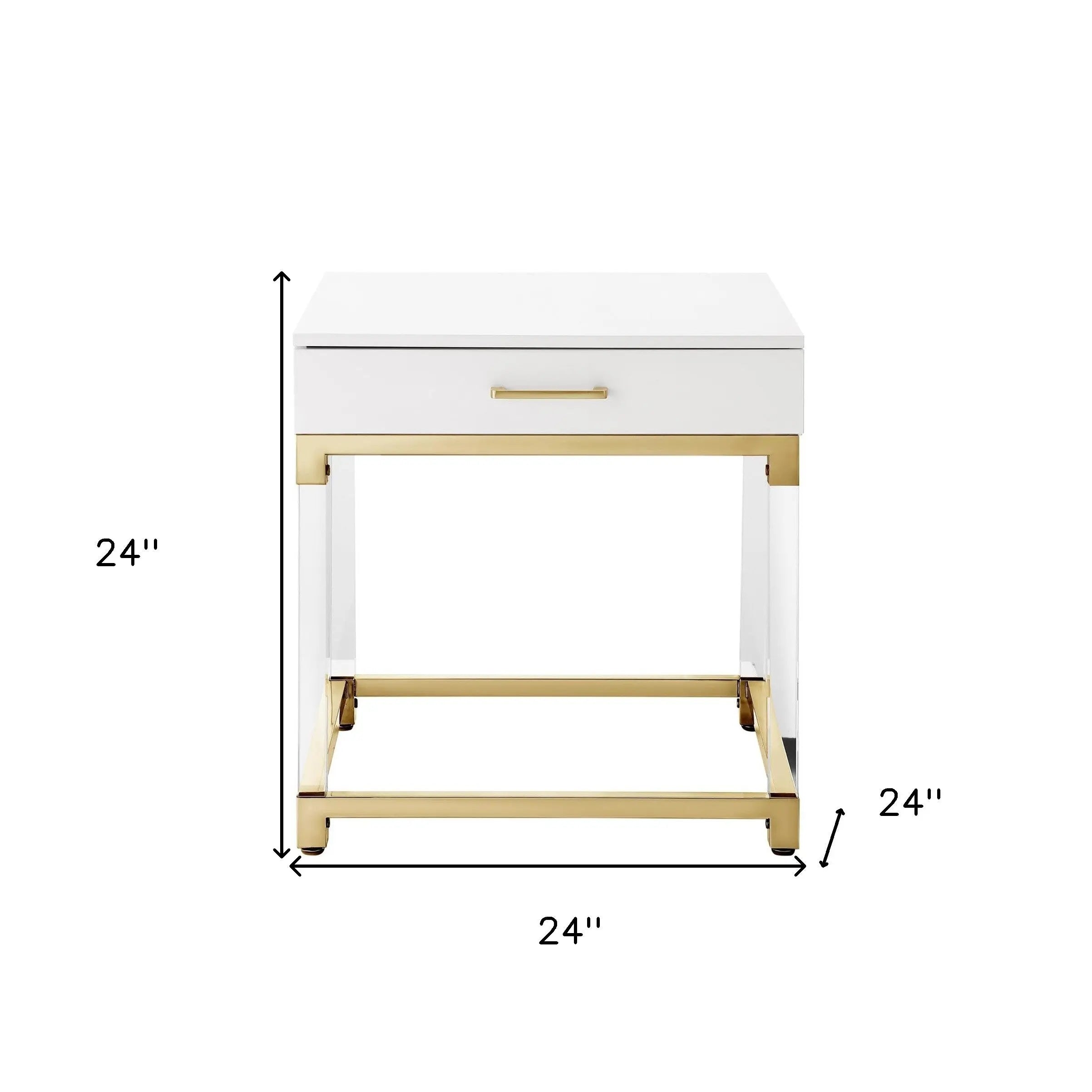24" White and Gold Wood Acrylic and Stainless Steel Square End Table With Drawer Homeroots Living Room