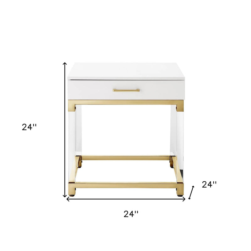 24" White and Gold Wood Acrylic and Stainless Steel Square End Table With Drawer Homeroots Living Room