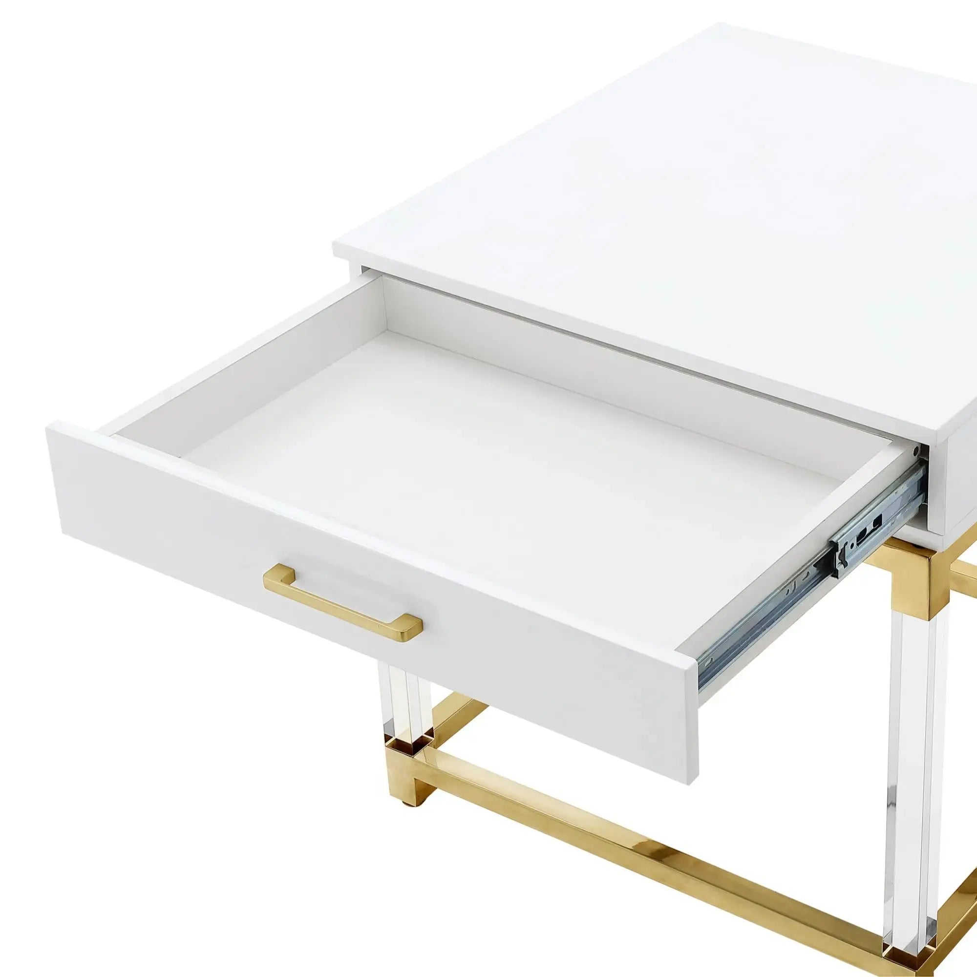 24" White and Gold Wood Acrylic and Stainless Steel Square End Table With Drawer Homeroots Living Room