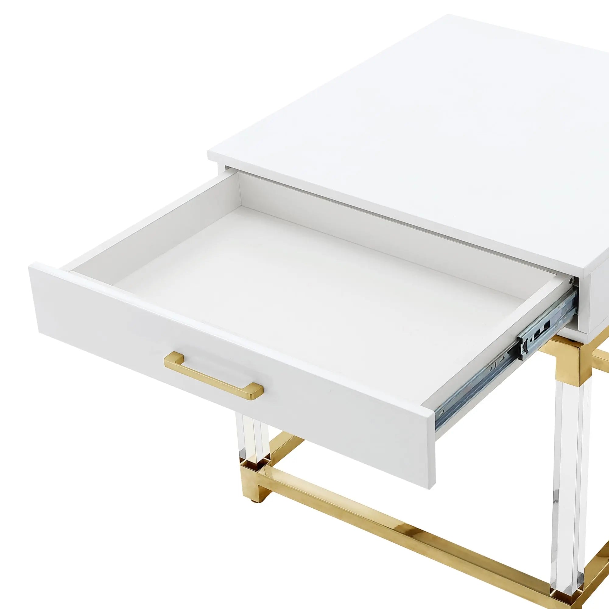 24" White and Gold Wood Acrylic and Stainless Steel Square End Table With Drawer Homeroots Living Room