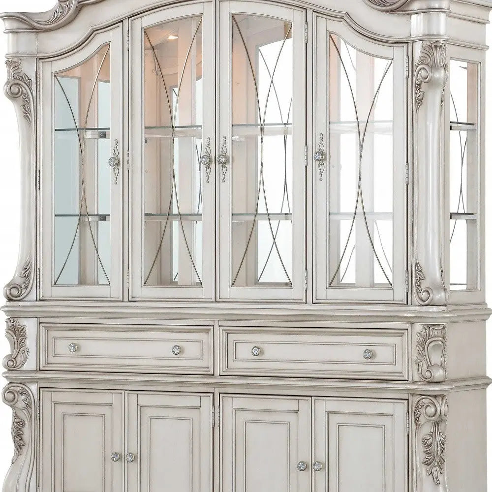 24" X 75" X 106" Antique White Wood Glass Mirror Hutch  Buffet Homeroots Kitchen & Dining