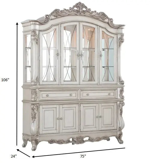 24" X 75" X 106" Antique White Wood Glass Mirror Hutch  Buffet Homeroots Kitchen & Dining
