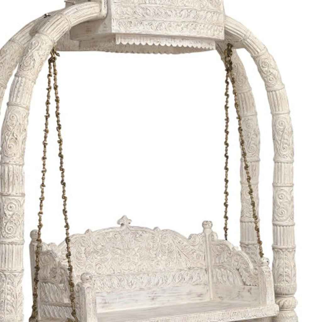 89" White Floral Solid Wood Distressed Solid Wood Bench