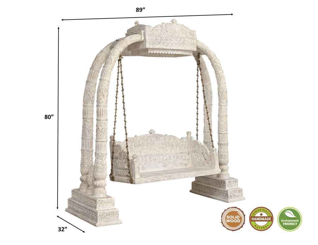 89" White Floral Solid Wood Distressed Solid Wood Bench