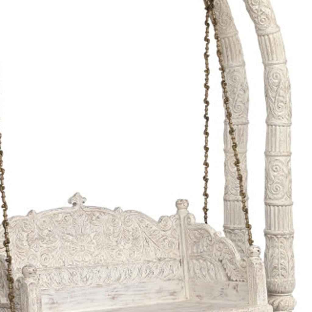 89" White Floral Solid Wood Distressed Solid Wood Bench