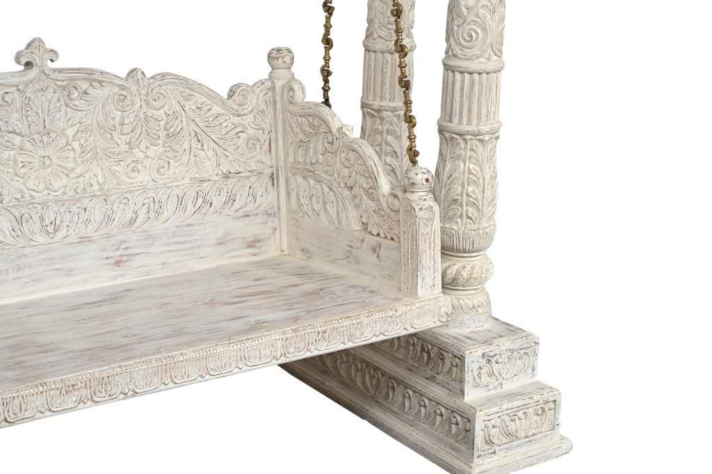89" White Floral Solid Wood Distressed Solid Wood Bench
