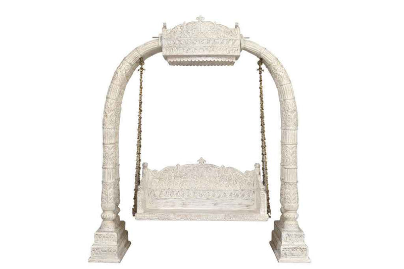 89" White Floral Solid Wood Distressed Solid Wood Bench