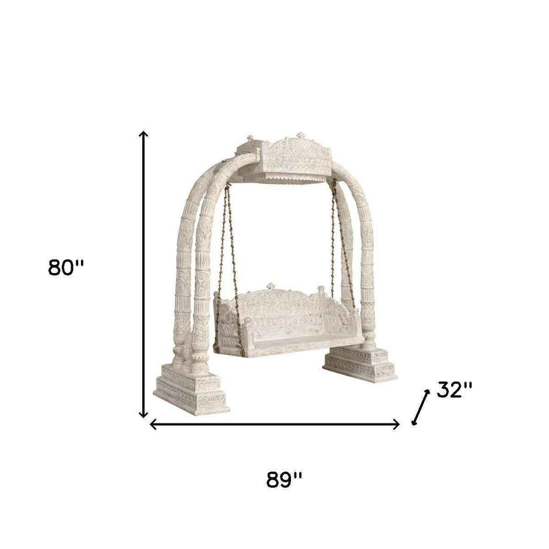 89" White Floral Solid Wood Distressed Solid Wood Bench