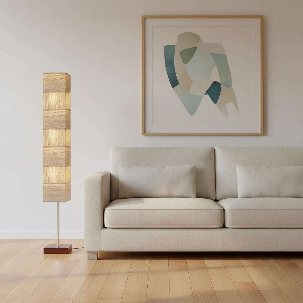 72" Brown And Silver Three Light Column Floor Lamp With Beige Paper Rectangular Shade - Lighting