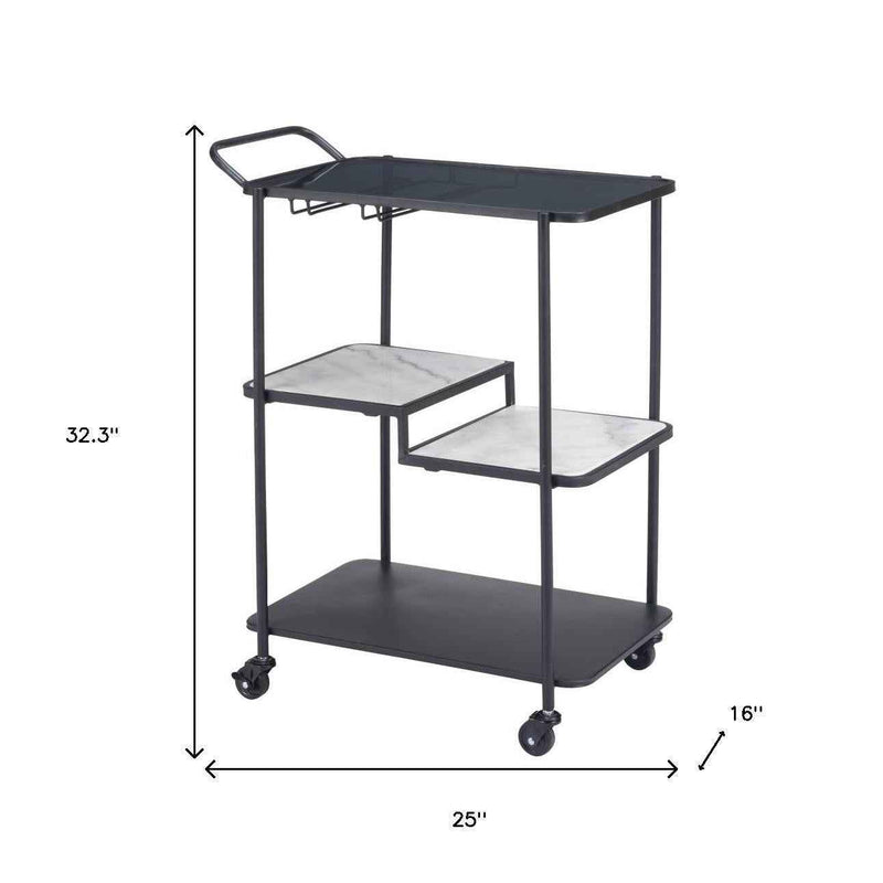25" Black Steel Round Rolling Bar Cart