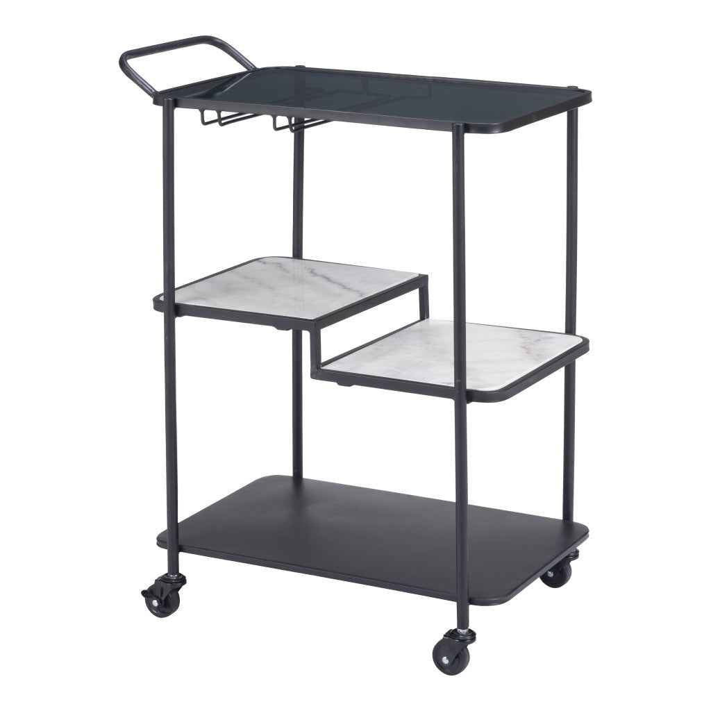 25" Black Steel Round Rolling Bar Cart