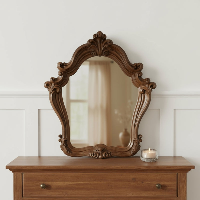 47" Brown Crowned Top Solid Wood Framed Mounted Dresser Mirror - Bed & Bath