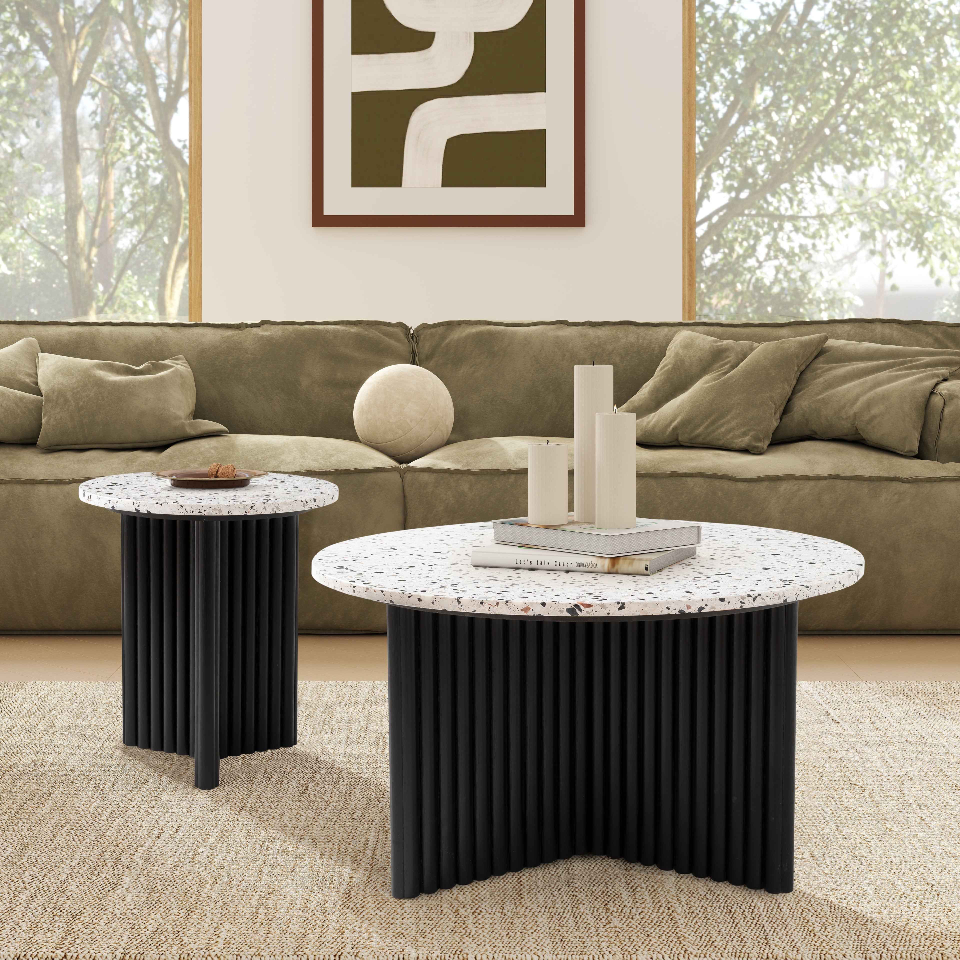 23" White and Black Faux Terrazzo and Wood Round Pedestal End Table