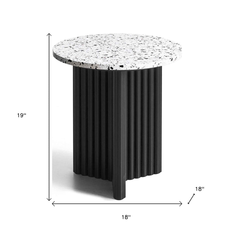 23" White and Black Faux Terrazzo and Wood Round Pedestal End Table