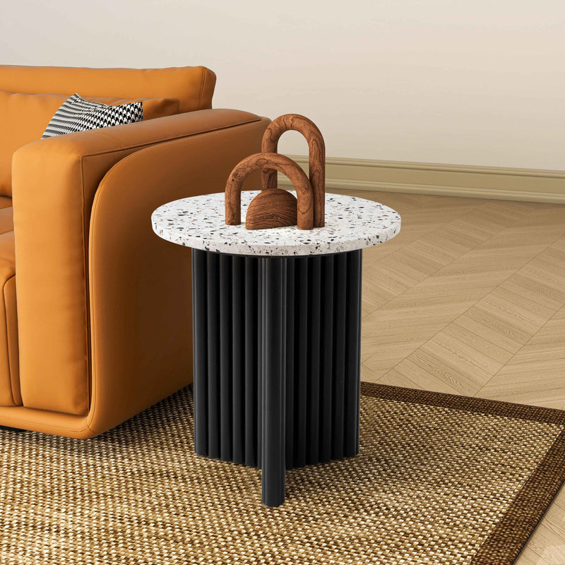 23" White and Black Faux Terrazzo and Wood Round Pedestal End Table