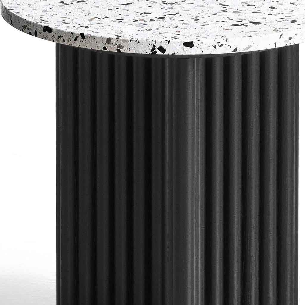 23" White and Black Faux Terrazzo and Wood Round Pedestal End Table