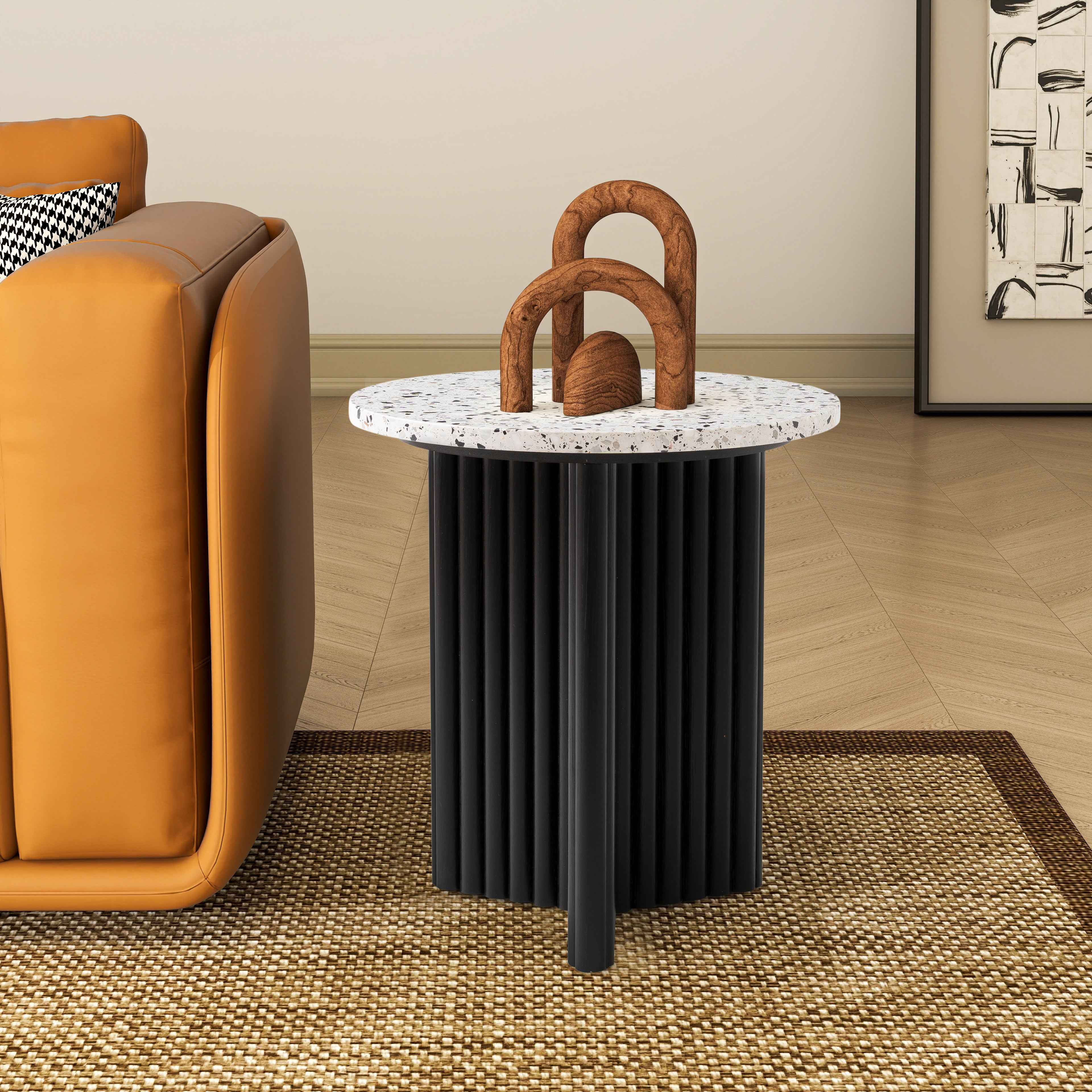 23" White and Black Faux Terrazzo and Wood Round Pedestal End Table