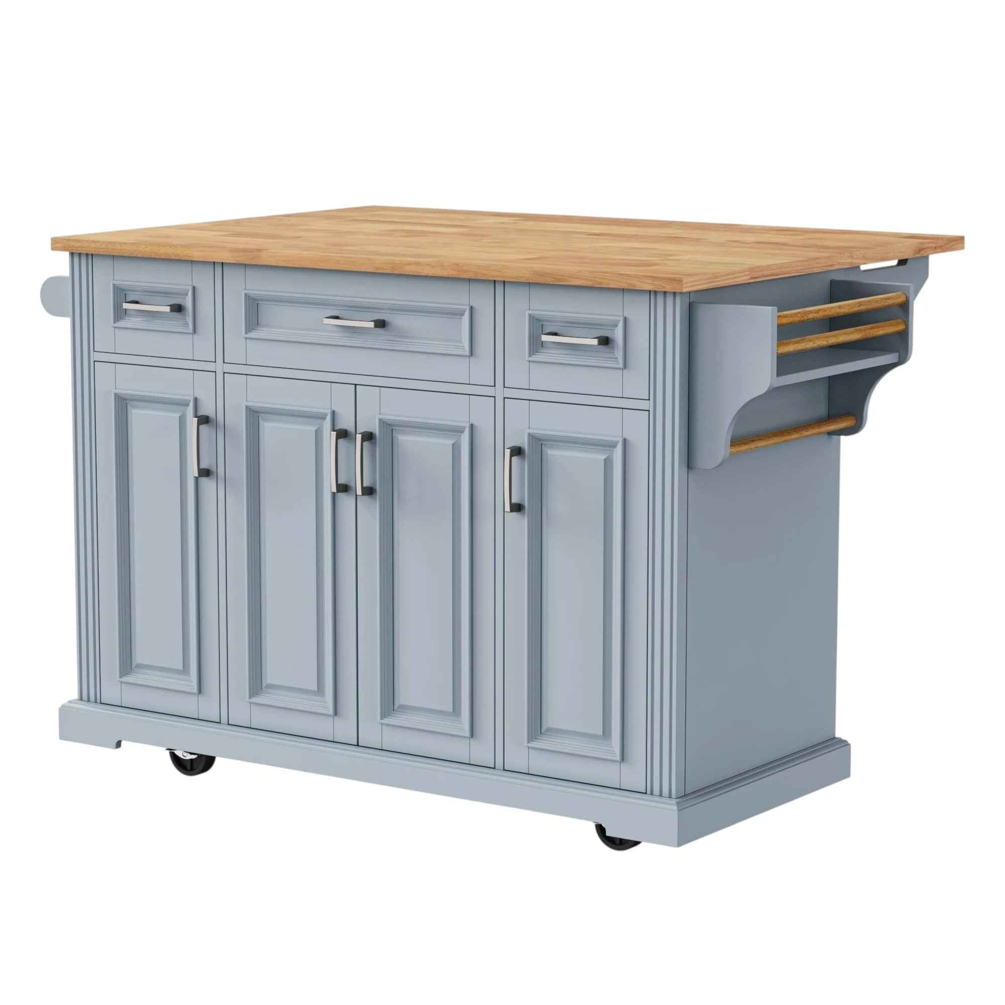 54" Light Blue Wood Rolling Kitchen Island With Storage