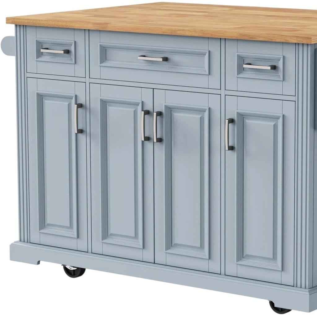 54" Light Blue Wood Rolling Kitchen Island With Storage