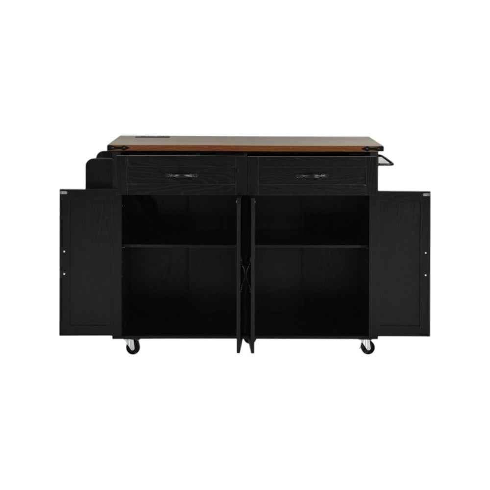 54" Black Wood Rolling Kitchen Island