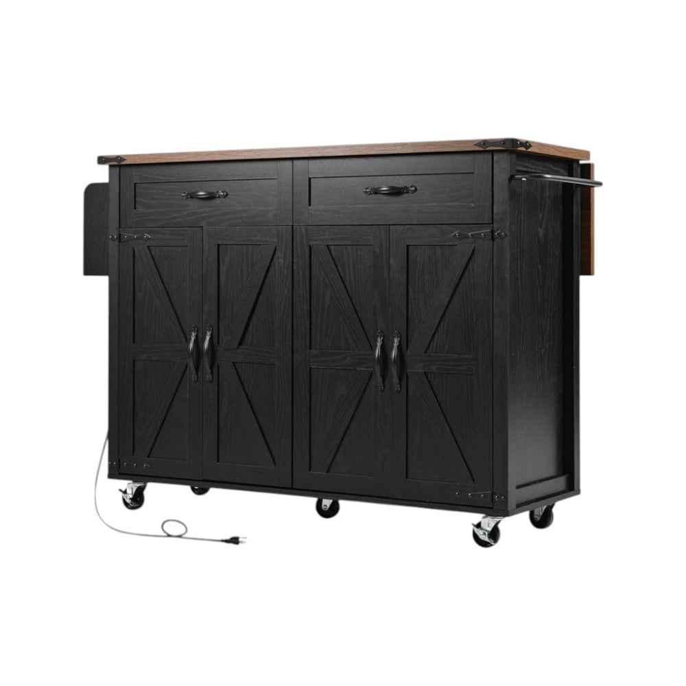 54" Black Wood Rolling Kitchen Island