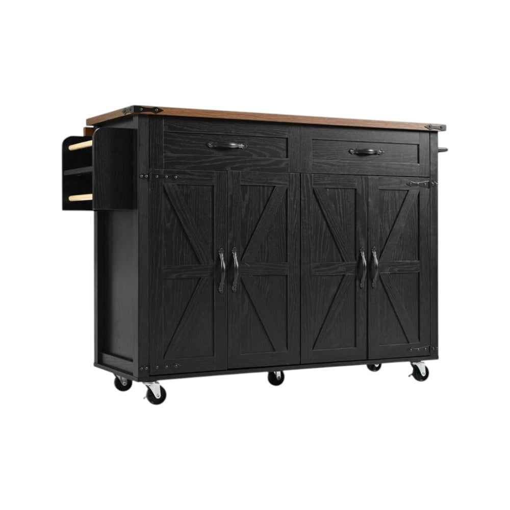 54" Black Wood Rolling Kitchen Island