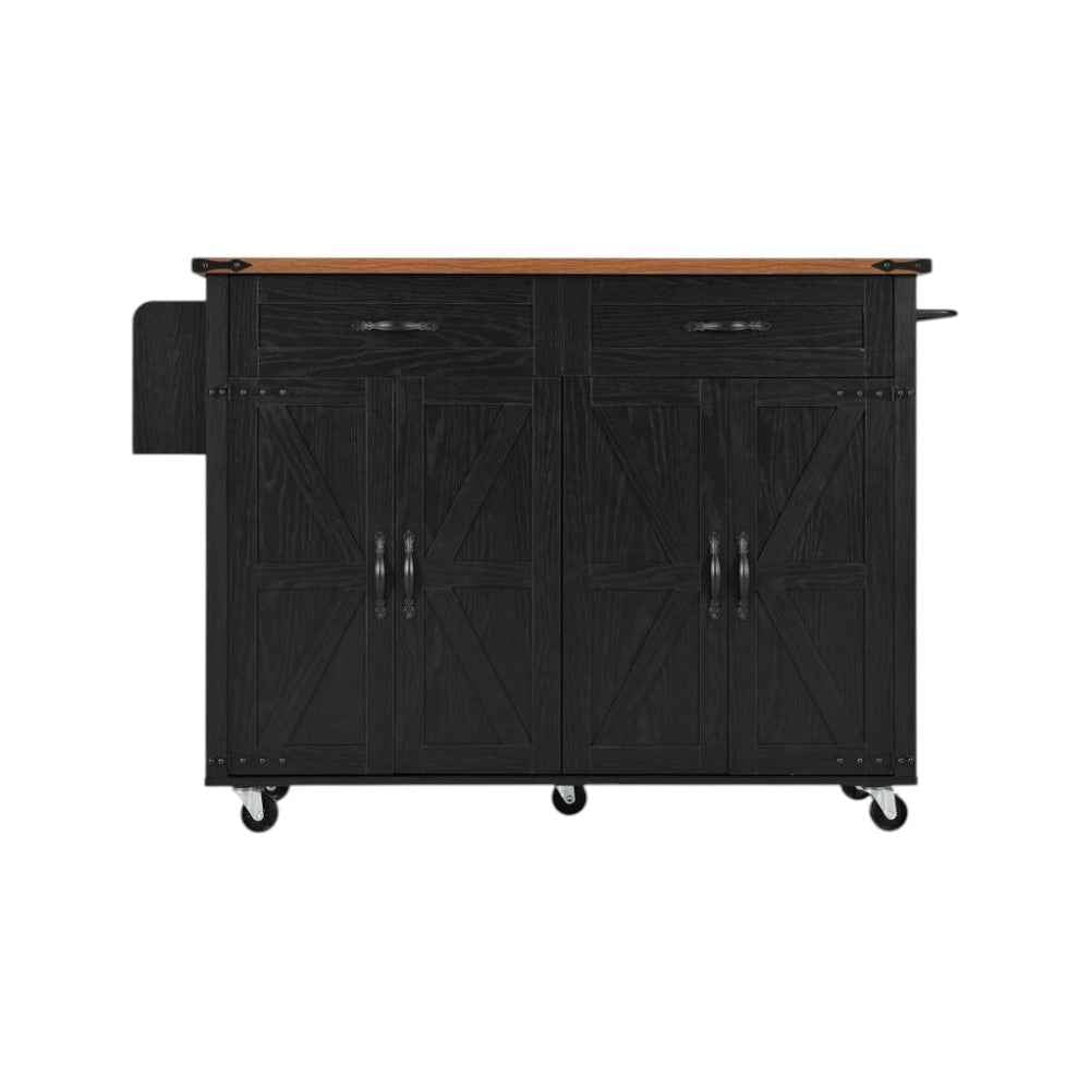 54" Black Wood Rolling Kitchen Island