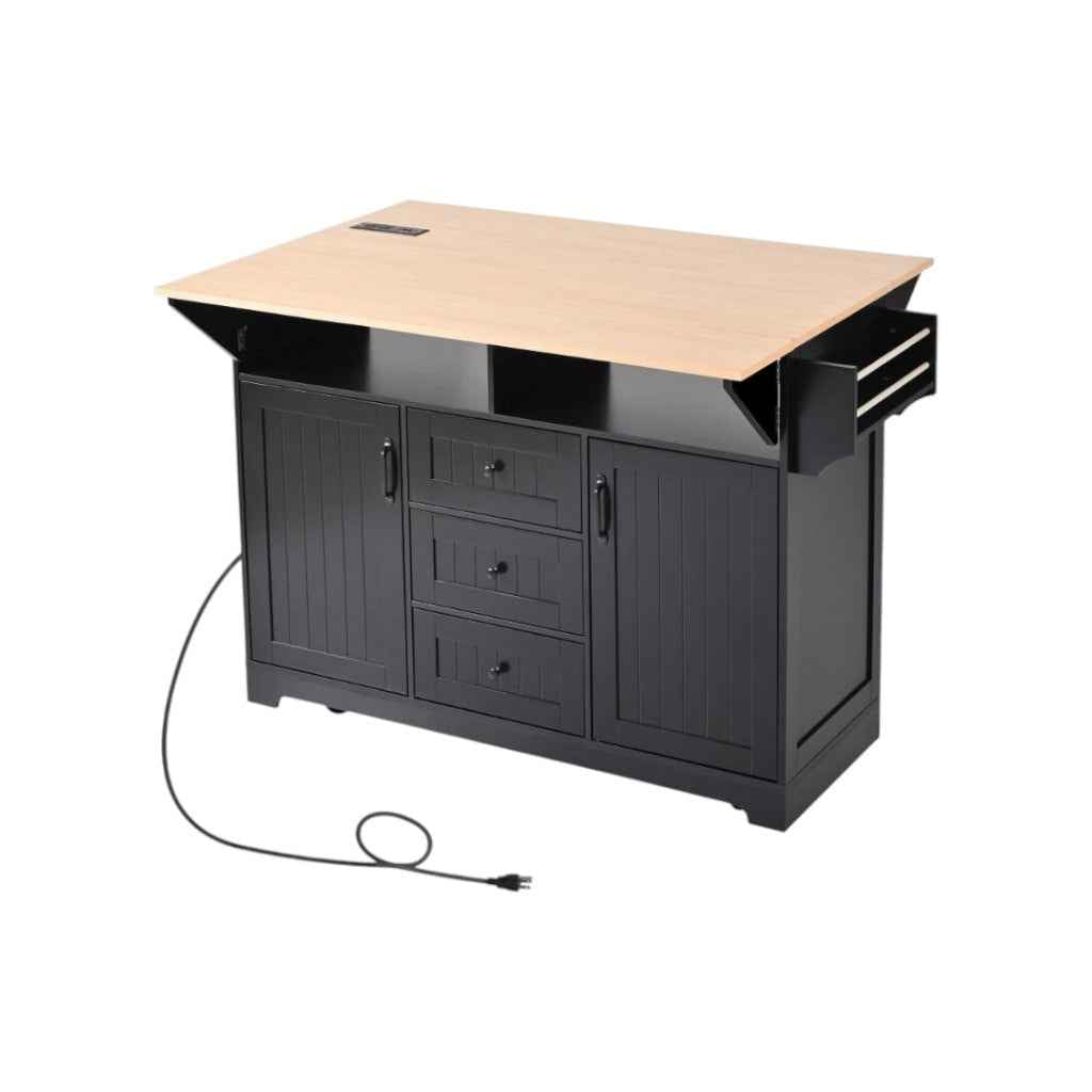 56" Black Wood Rolling Kitchen Island With Storage