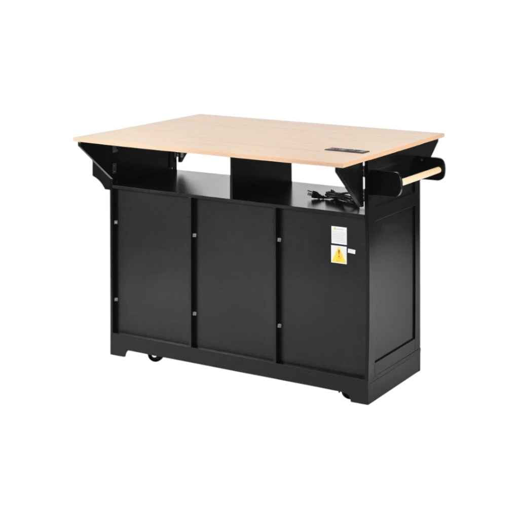 56" Black Wood Rolling Kitchen Island With Storage